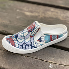 Women's Floral Print Flat Mules Closed Toe Slip On Canvas Shoes