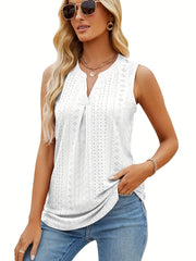 Eyelet Solid Tank Top Casual V Neck Summer Sleeveless Top Women's Clothing