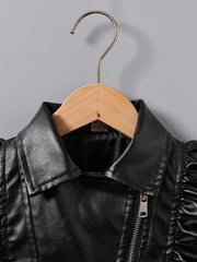 Girls Ruffled Leather Jacket & Hat Set for Autumn/Winter