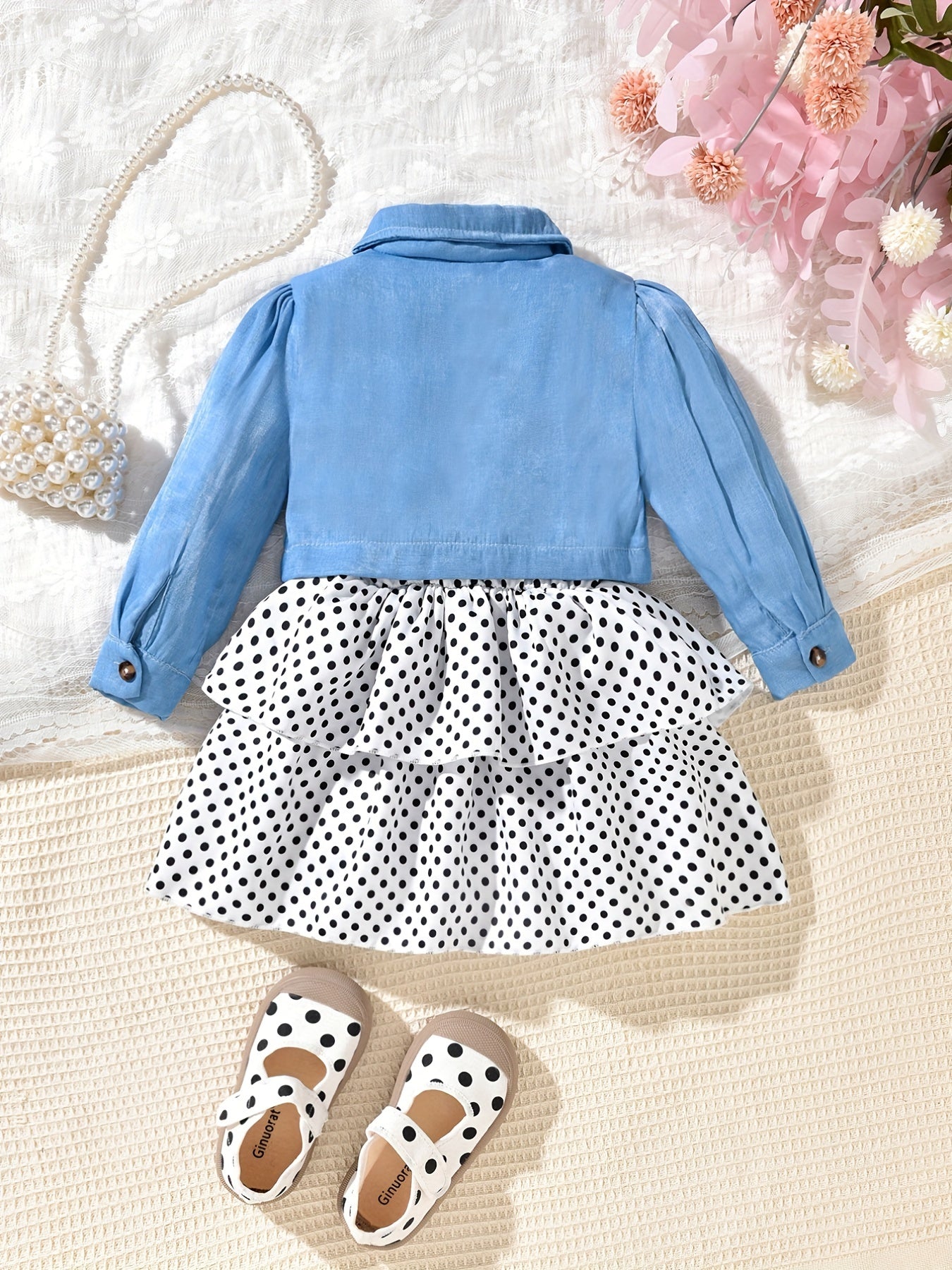 Baby Girls Denim Shirt Cardigan Polka Dot Dress Set