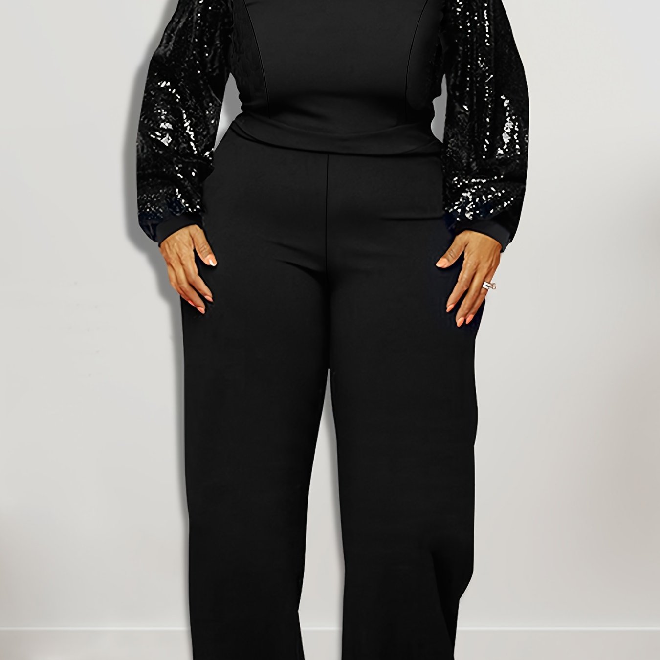Contrast Sequin Sleeve Wide Leg Jumpsuit Plus Size High Stretch Party Jumpsuit