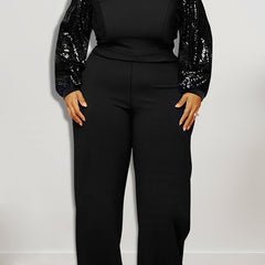 Contrast Sequin Sleeve Wide Leg Jumpsuit Plus Size High Stretch Party Jumpsuit