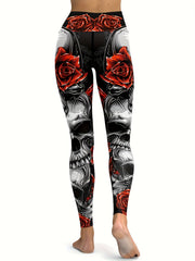 Flower & Skull Print Leggings For Halloween Yoga Fitness Pants