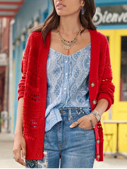 Solid Crochet Knit Long Sleeve Button Up Sweater Cardigan