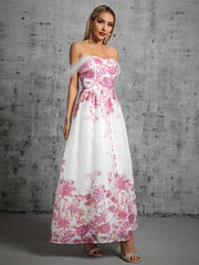 Off Shoulder Floral Print Bridesmaid Dress Wedding Party Dress