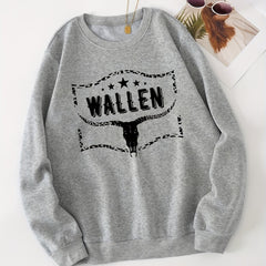 Letter & Cow Print Pullover Tops Long Sleeve Sporty Sweatshirt