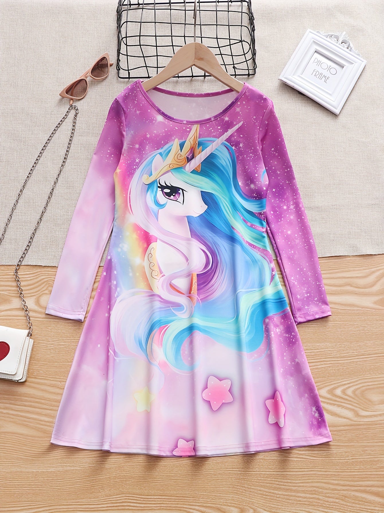 Dreamy Unicorn Pattern Long Sleeve Dress Girls Comfy Dresses