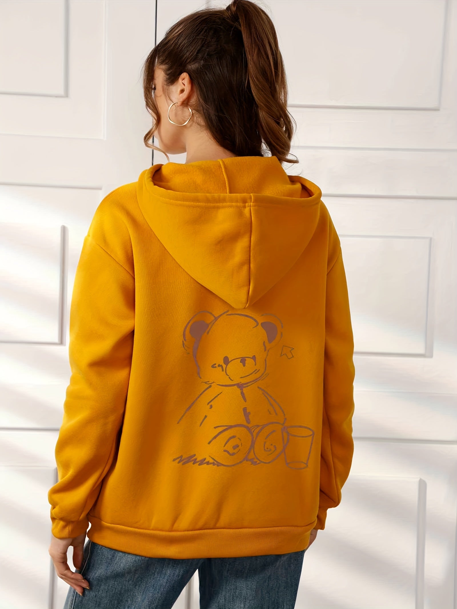 Casual Long Sleeve Bear Graphic Hoodie Women's Tops