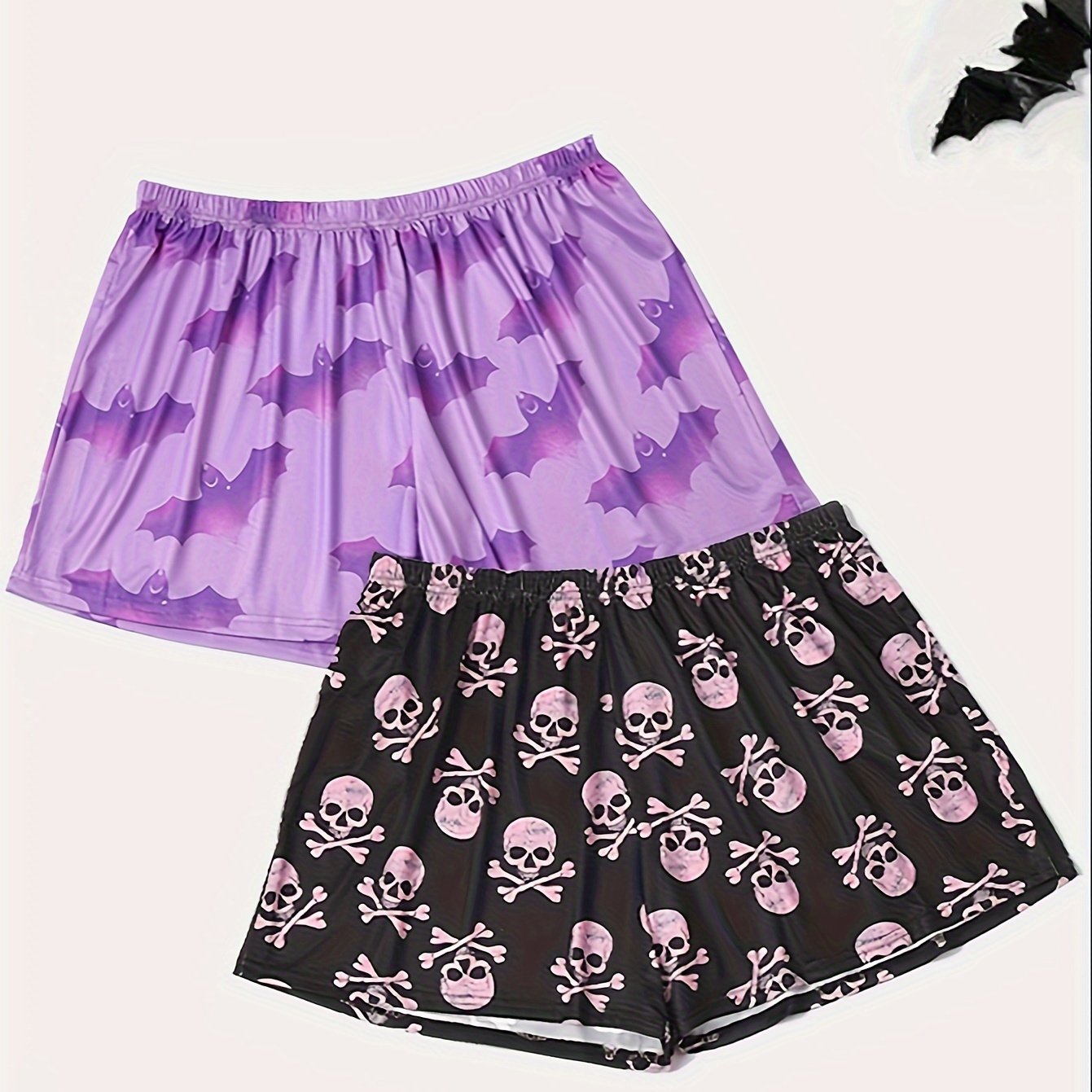 2 Pack Plus Size Gothic Sleepwear Bottoms Set Women's Plus Bat & Skull Print