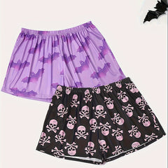 2 Pack Plus Size Gothic Sleepwear Bottoms Set Women's Plus Bat & Skull Print