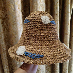 Flower Embroidery Straw Bucket Hat Boho Crochet Solid Basin Hat