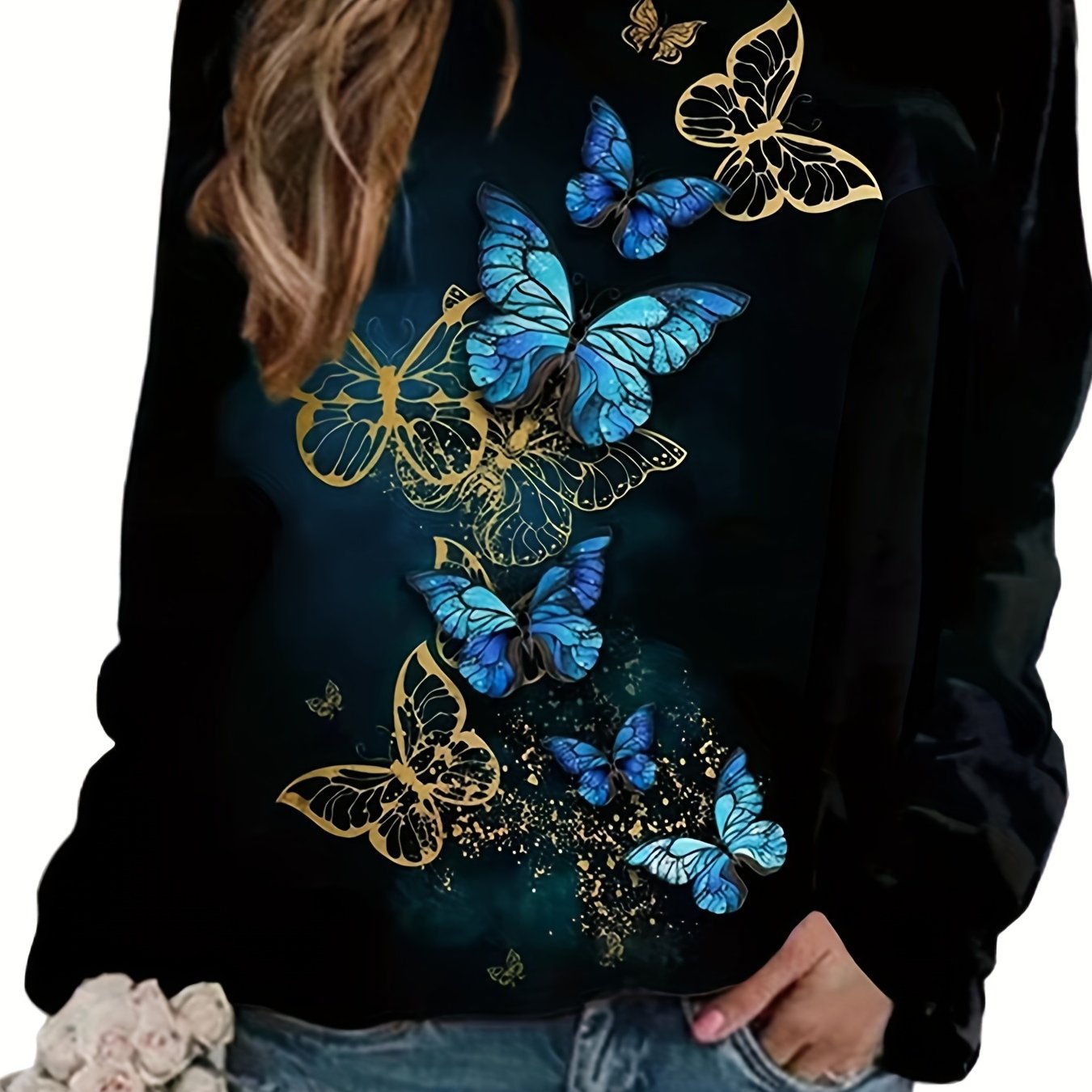 Butterfly Print Crew Neck Sweatshirt for Women
