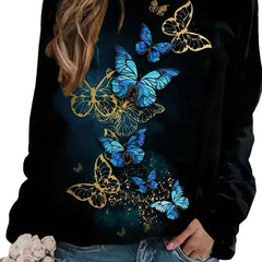 Butterfly Print Crew Neck Sweatshirt for Women