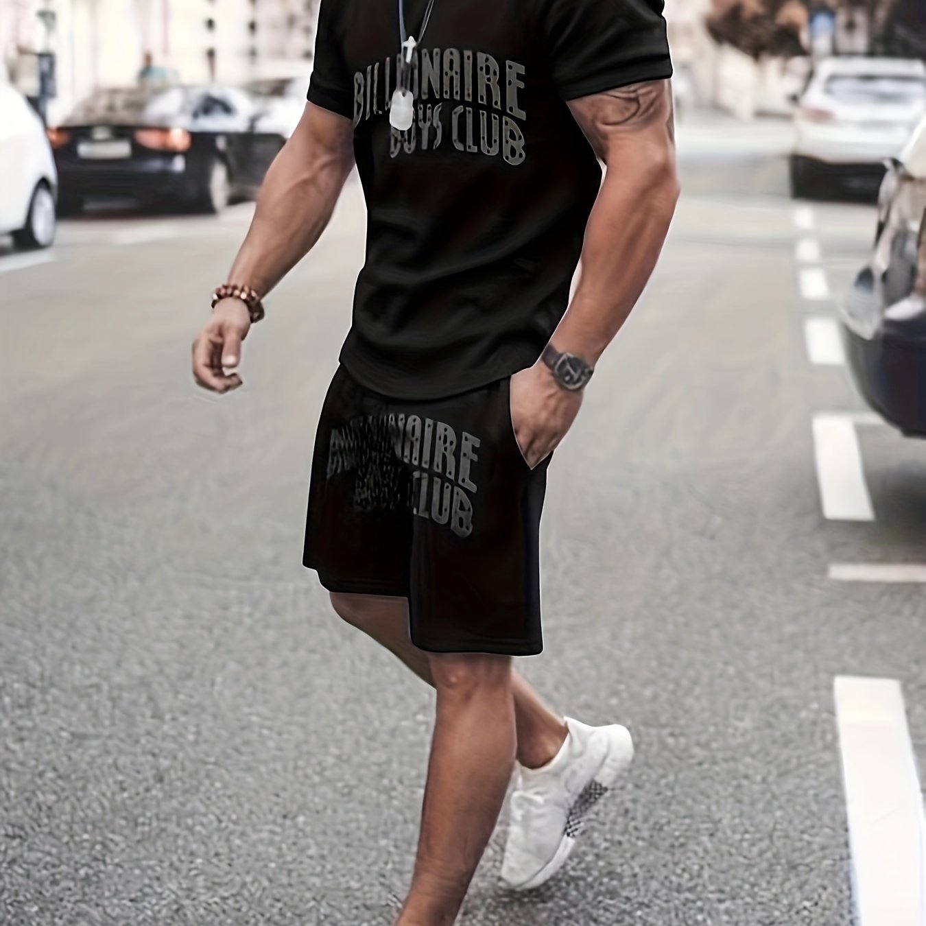Men's Letter Print T shirt Active Shorts Set Fitness