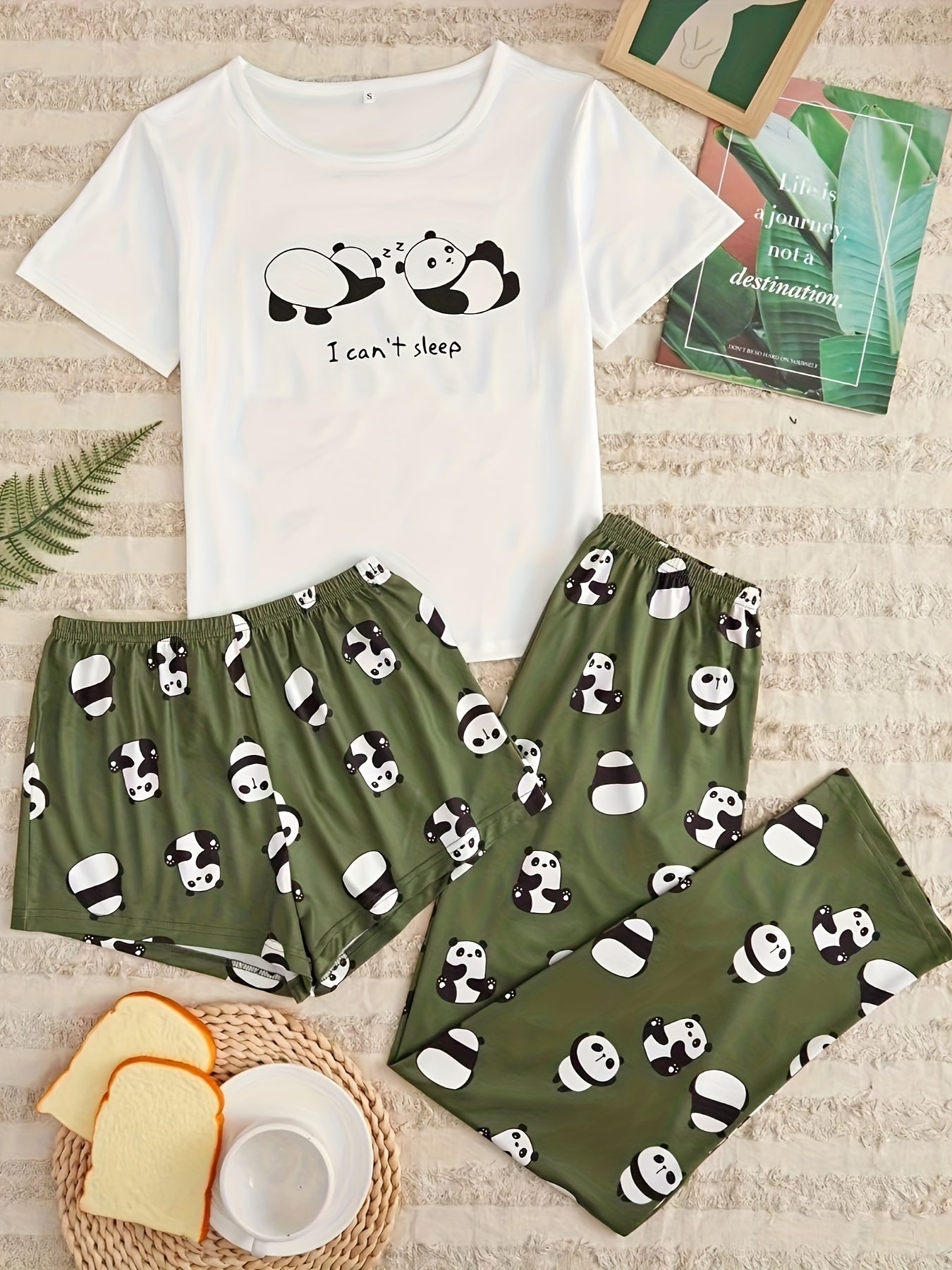 Panda Print Pajamas Set Short Sleeve Top & Shorts - Women's Sleepwear