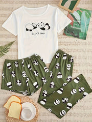 Panda Print Pajamas Set Short Sleeve Top & Shorts - Women's Sleepwear