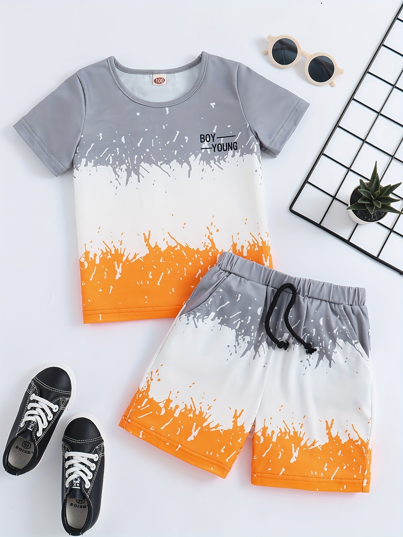 Boys Contrast T shirt & Shorts Set Summer Outfit
