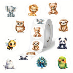 500pcs Watercolor Animal Stickers Roll - Vibrant Cartoon Designs