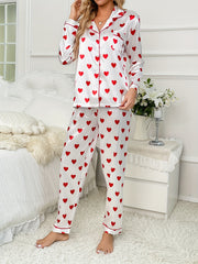 Heart Print Satin Pajamas Set Cute Long Sleeve Top & Pants Women's Loungewear