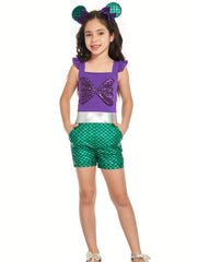Toddler Girls Ruffle Trim Sequin Bow Block Rompers Jumpsuits Cosplay Costume