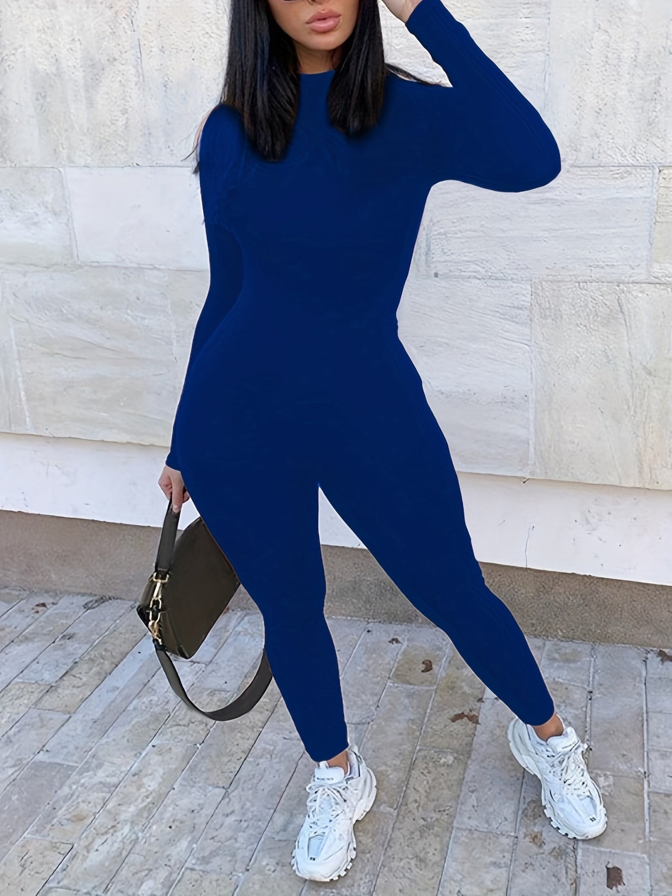 Skinny Crew Neck Jumpsuit Long Sleeve Suit For Spring & Fall