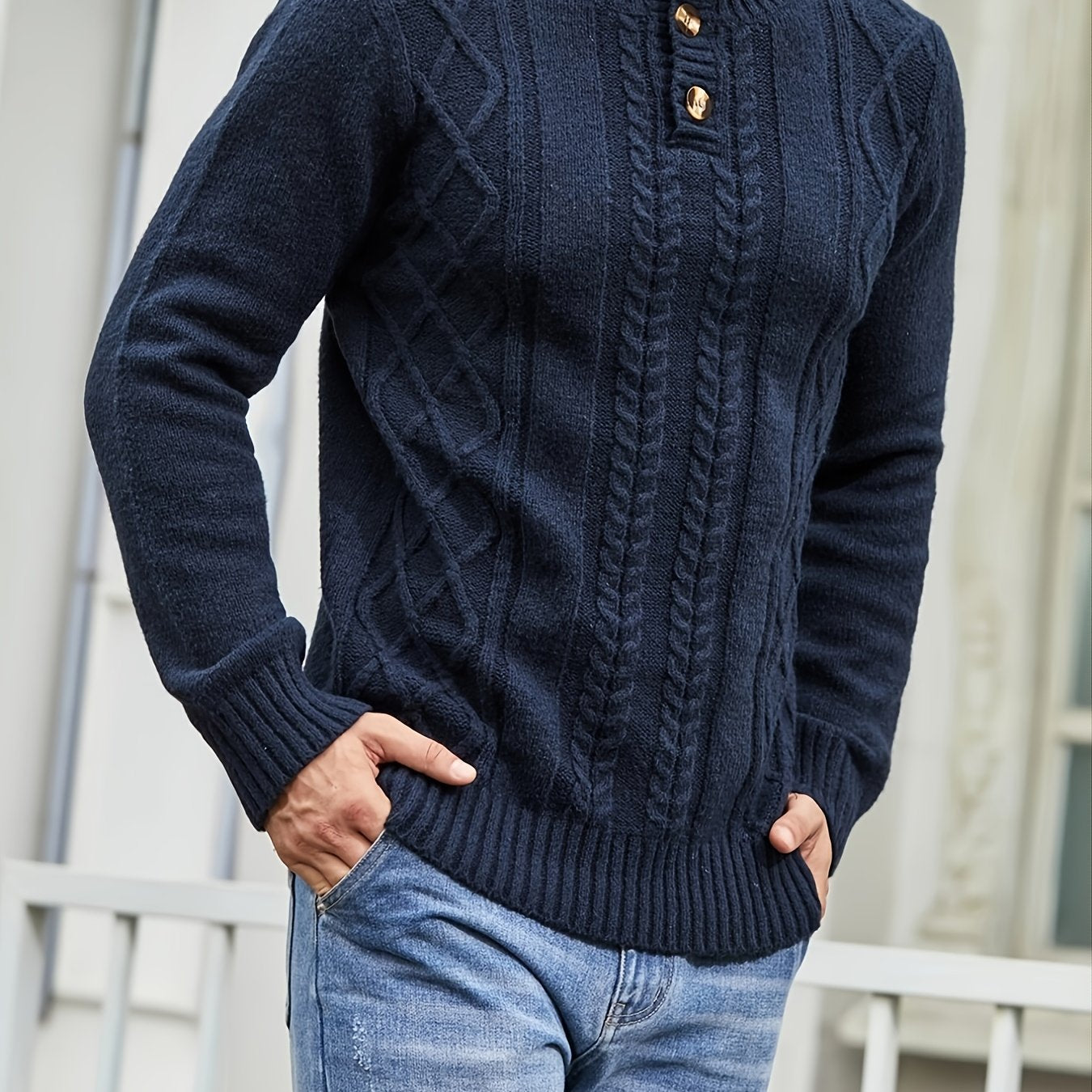 Men's Cable Knit Button Pullover Sweater