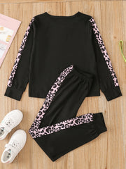 Girls Patchwork Leopard Crew Neck Long Sleeve Loungewear