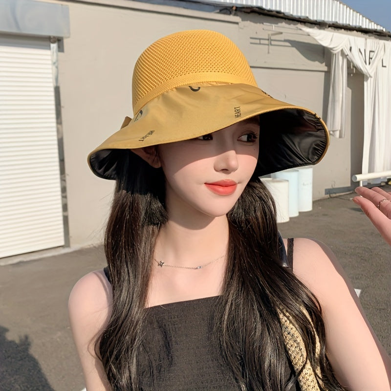 Heart Print Bowknot Sun Hat Hollow Out UV Protection Bucket Hat