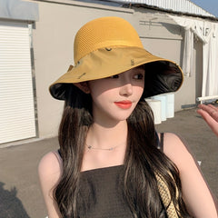 Heart Print Bowknot Sun Hat Hollow Out UV Protection Bucket Hat