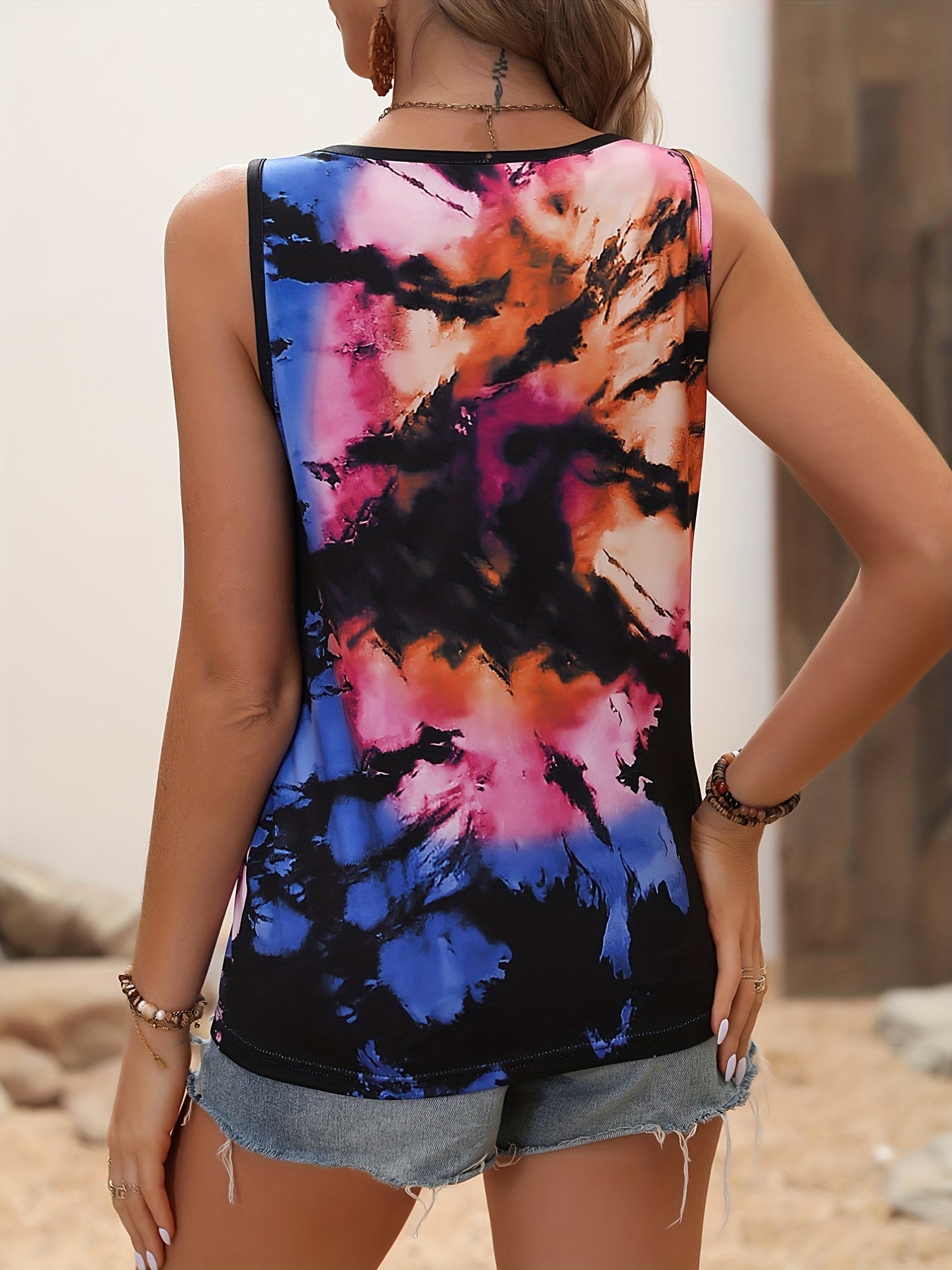 Tie Dye Split Crew Neck Tank Top Sleeveless Summer Tank Top