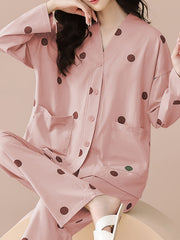 Polka Dot Print Pajama Set Long Sleeve Top & Pants Women's Sleepwear