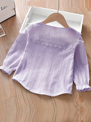 Kid Girls Flower Embroidered Collar Long Sleeve Uniform Shirt Button Down Blouse