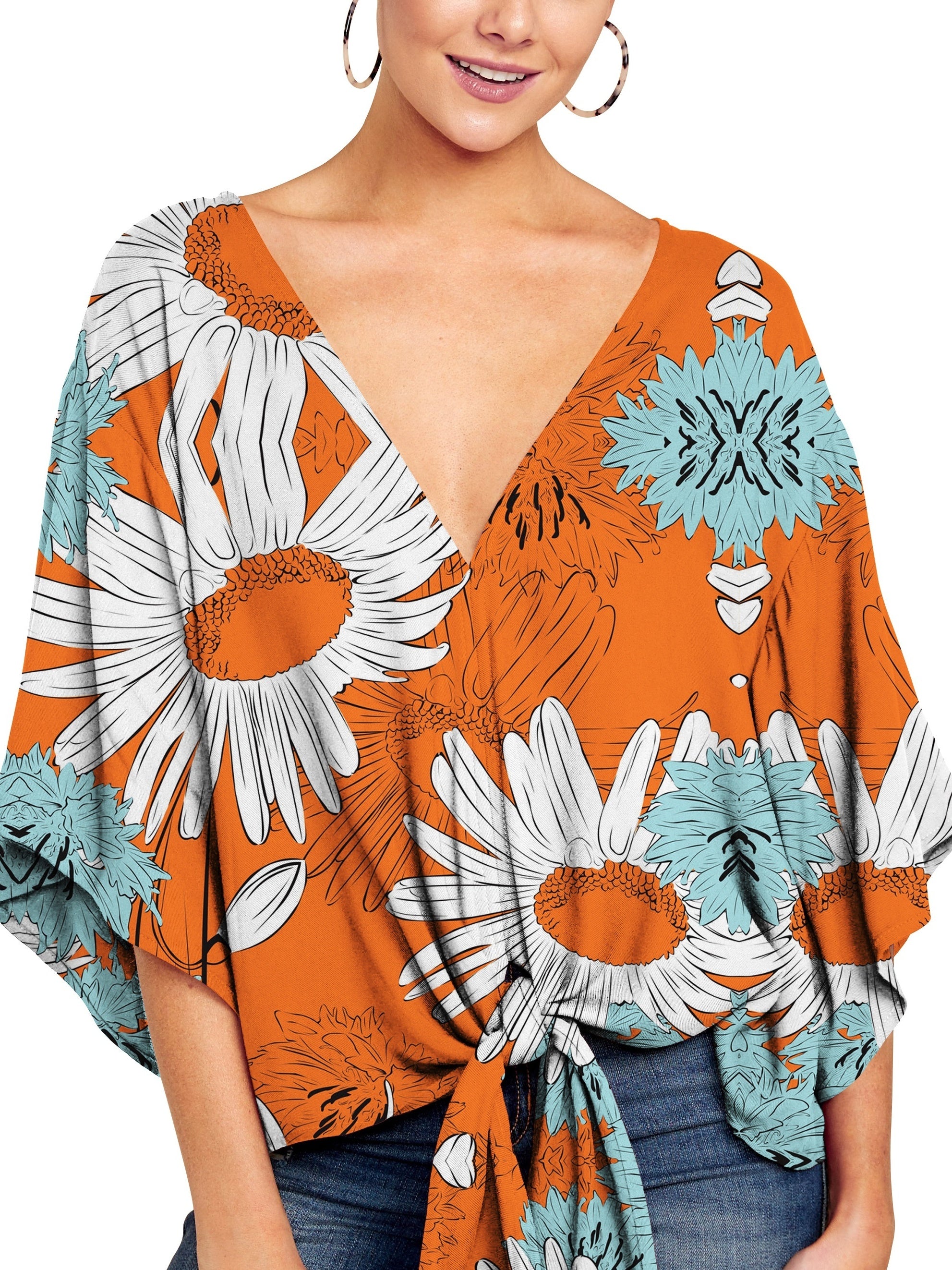 Floral Print V Neck Tie Sleeve Blouse