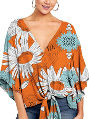 Floral Print V Neck Tie Sleeve Blouse