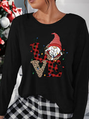 Christmas Hat Print Lounge Top Long Sleeve Crew Neck Women's Loungewear
