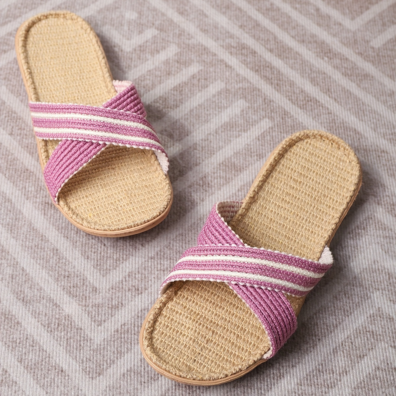 Colorblock Cross Straps Open Toe Sandals Slip On Flat Linen Sole Shoes