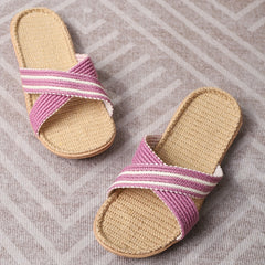 Colorblock Cross Straps Open Toe Sandals Slip On Flat Linen Sole Shoes