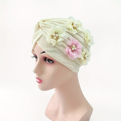 Faux Pearl Flower Turban Beige Head Wrap Ramadan Hijab Hat Chemo Cap