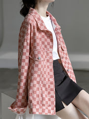 Pink Checkerboard Lapel Denim Jackets Long Sleeves Drop Shoulder Denim Coats