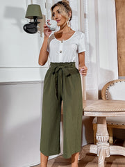 Casual Two Piece Set Button Front T-Shirt & Tie Front Crop Pants Outfits