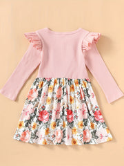 Toddler Kids Floral Print Bowknot Dress Long Sleeves Fall Dress For Girls
