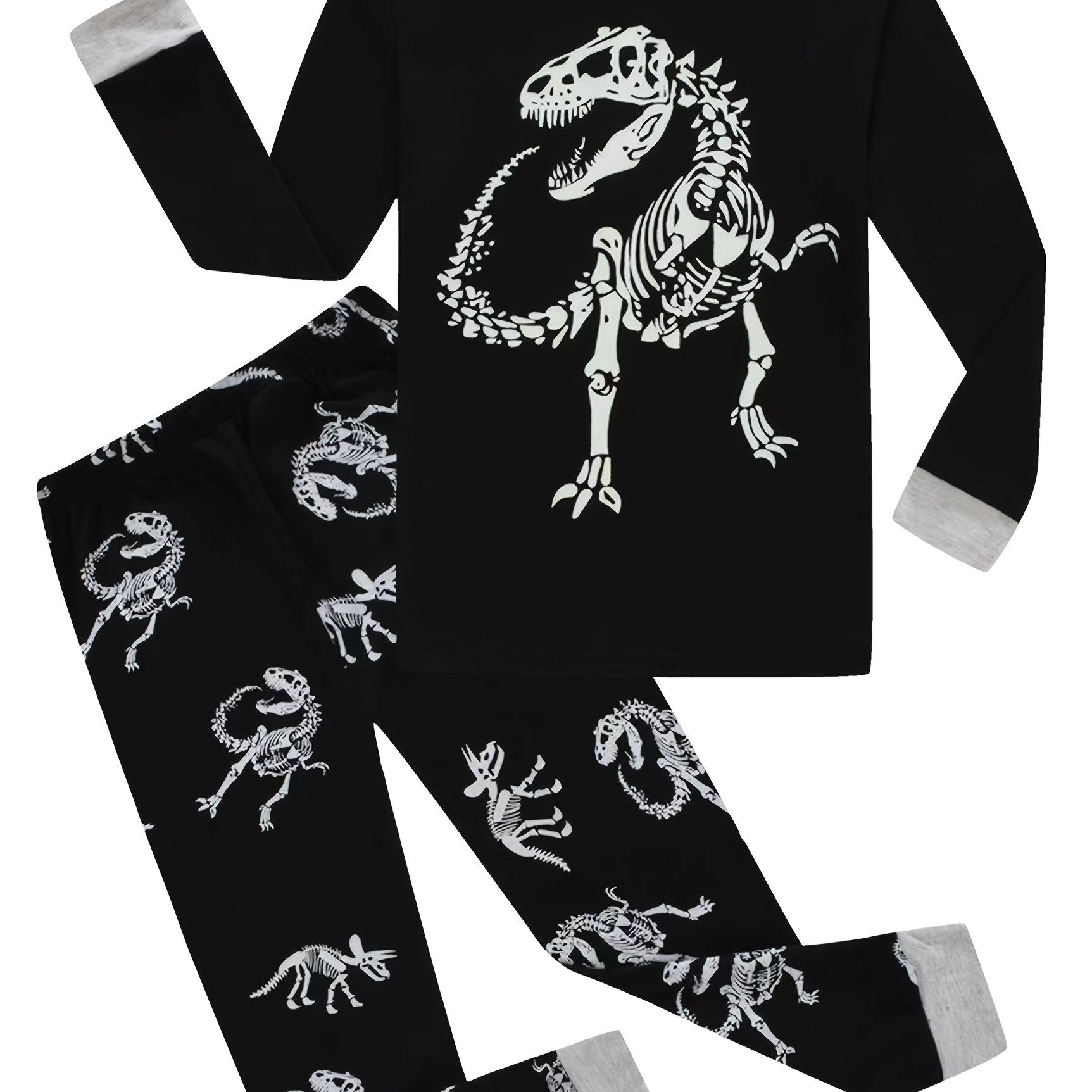 2pcs Dino Skeleton Print Kid's Pajama Set Reflective Pattern Comfy PJ