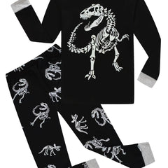 2pcs Dino Skeleton Print Kid's Pajama Set Reflective Pattern Comfy PJ