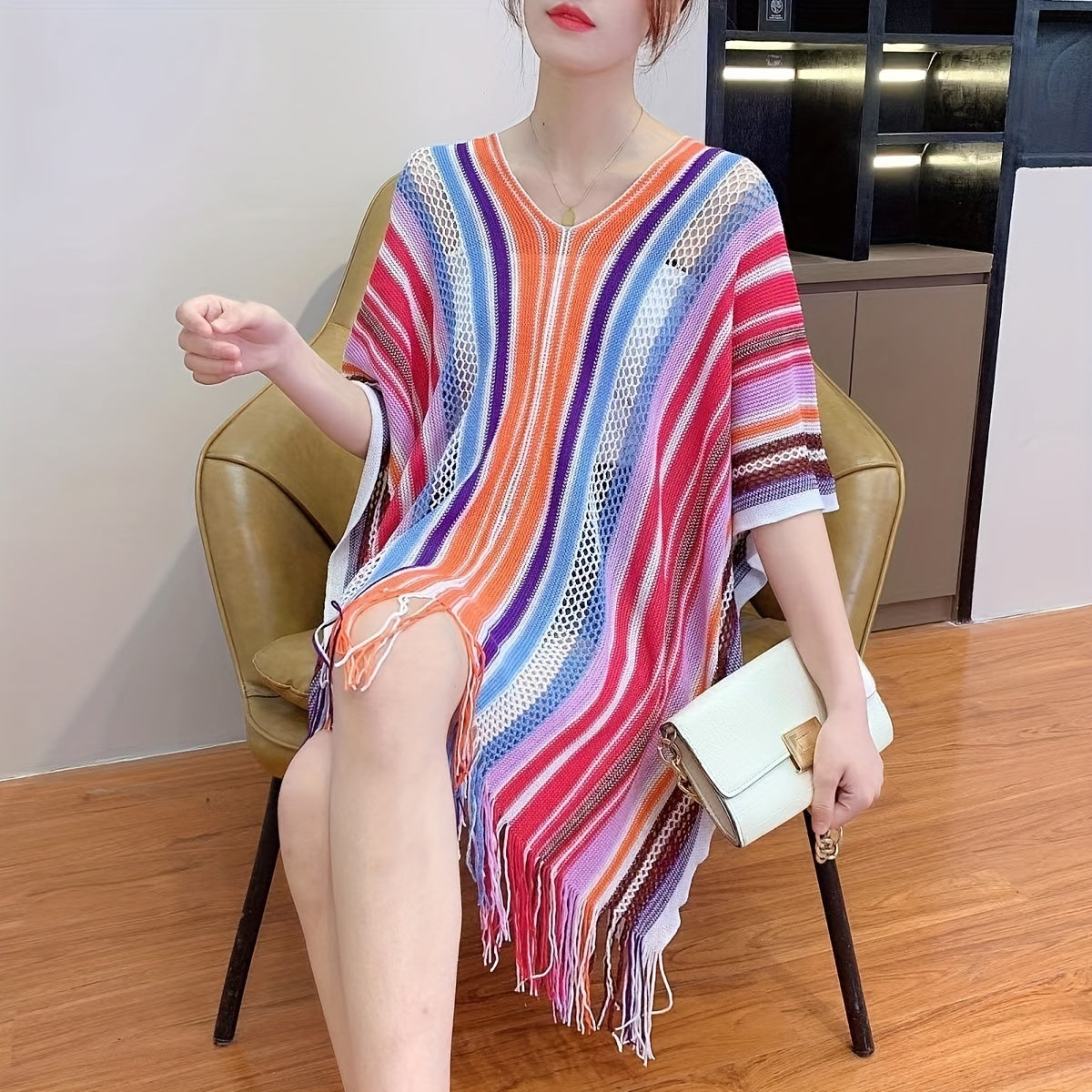 Rainbow Striped Shawl Long Fringed Wrap Hollow Out Sunscreen Shawl
