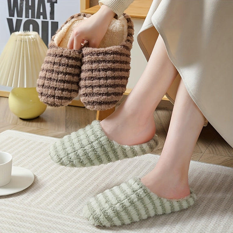 Women's Plush Striped Slippers Soft Sole Fuzzy Home Slides