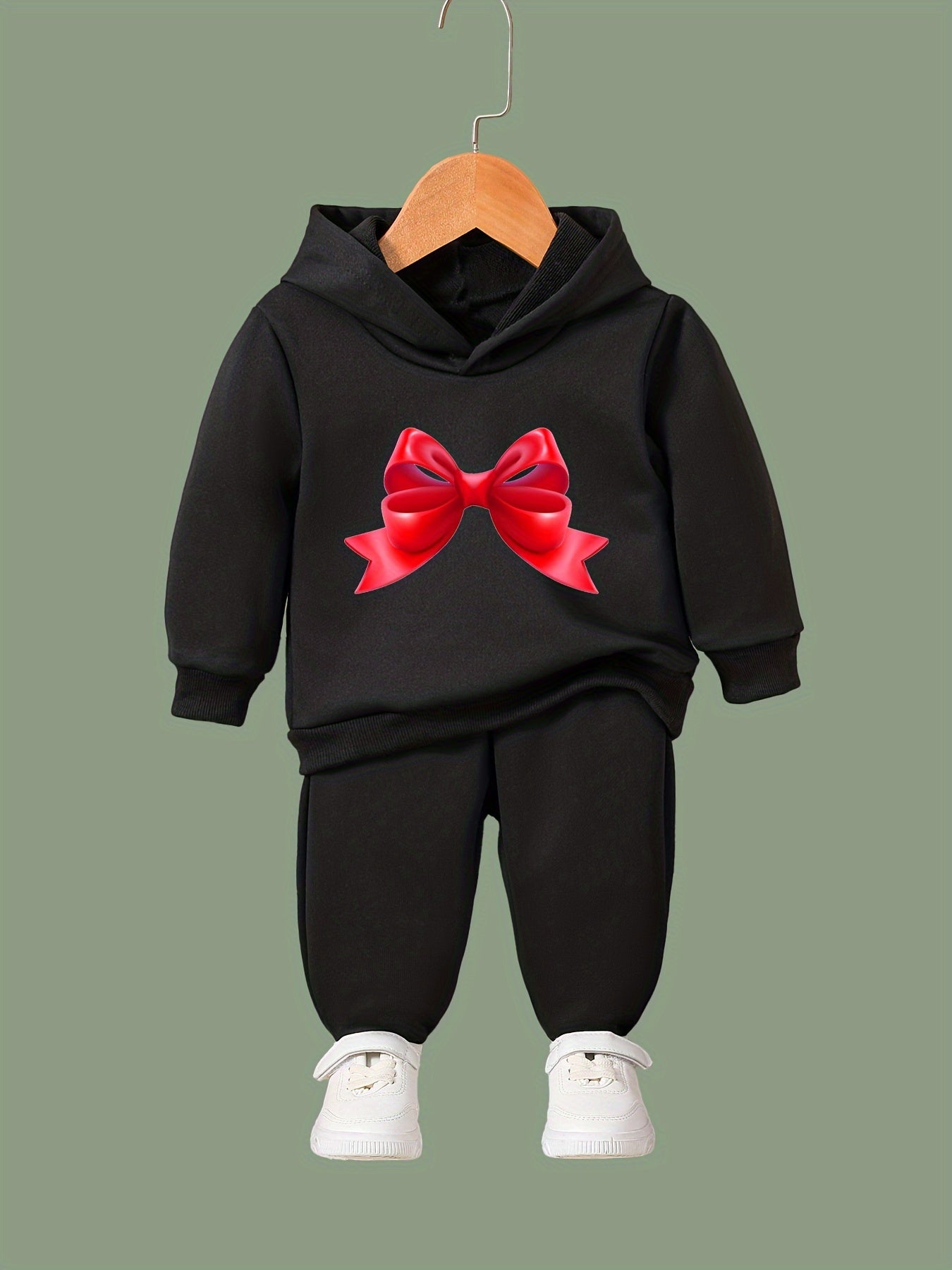 Girls 2pc Hooded Sweatshirt & Sweatpants Set Cartoon Bowknot Pattern Long Sleeve