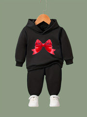 Girls 2pc Hooded Sweatshirt & Sweatpants Set Cartoon Bowknot Pattern Long Sleeve