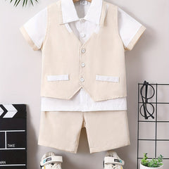 Boys Formal Gentleman Outfits Short Sleeve Shirt&Shorts&Vest Kids Clothing Set