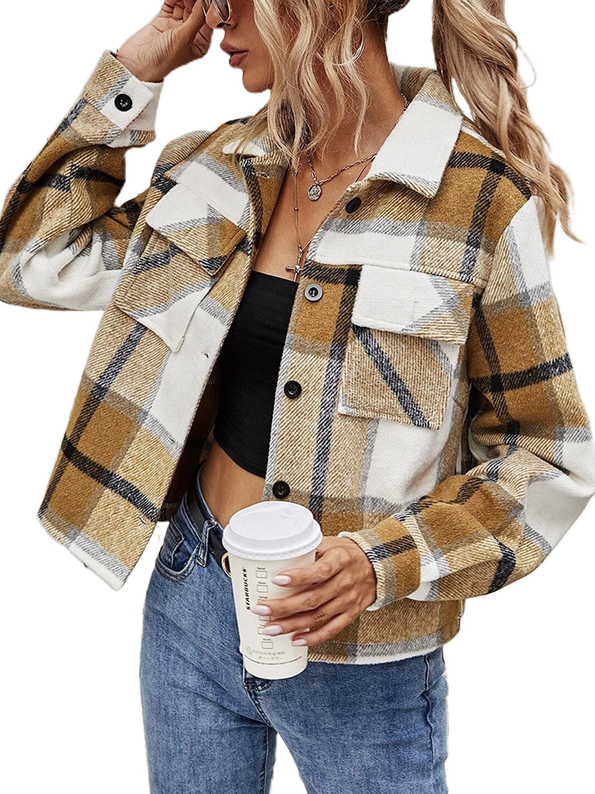 Plaid Trucker Jacket with Flap Pockets for Women