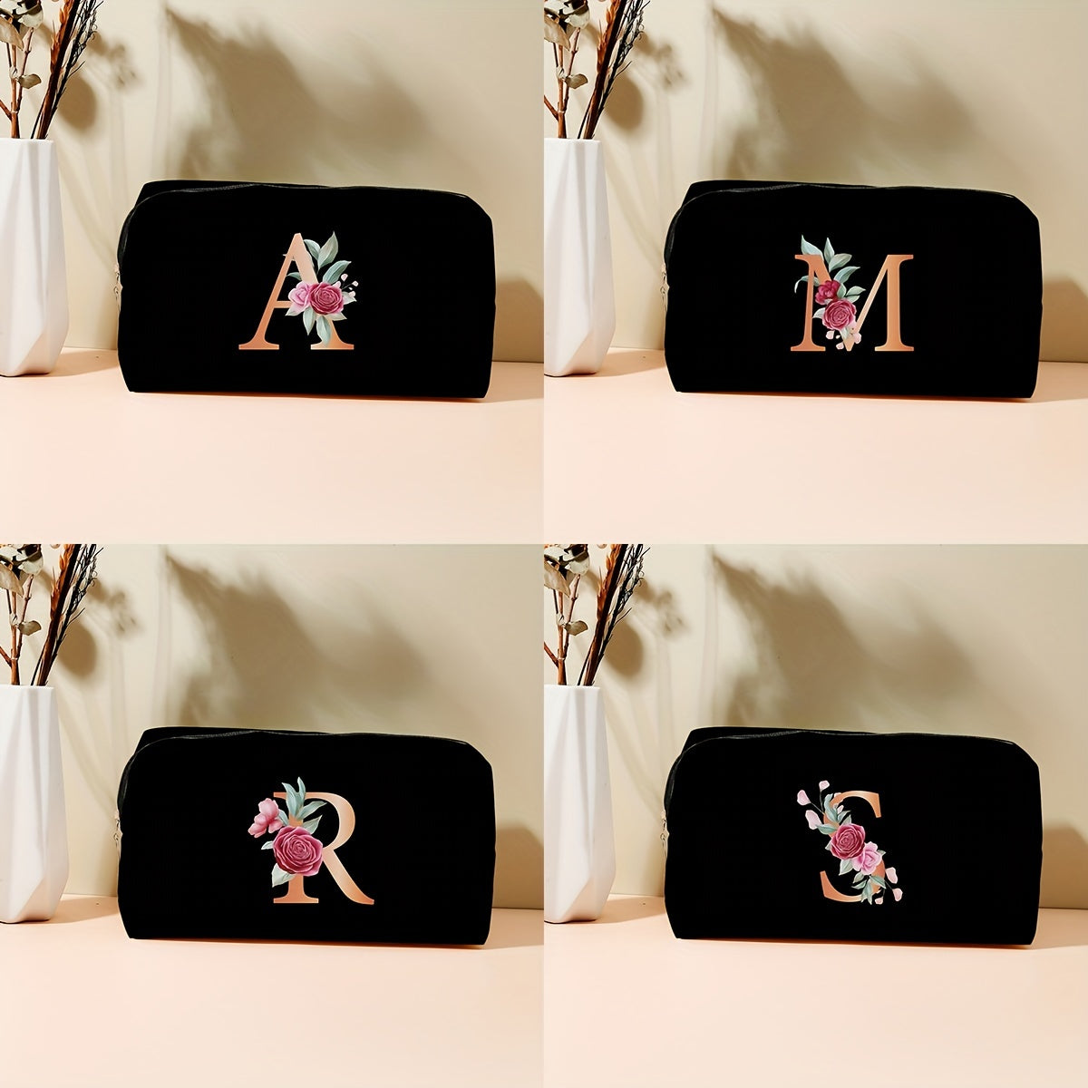 Alphabet & Flower Pattern Makeup Zipper Bag